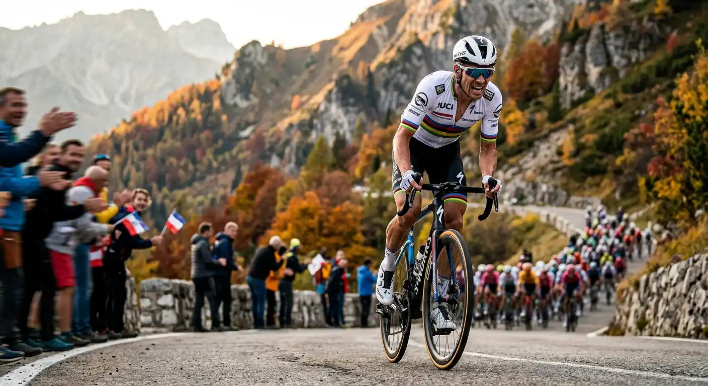 Ciclista in fuga solitaria in maglia da campione stacca il gruppo su una salita durante il Mondiale