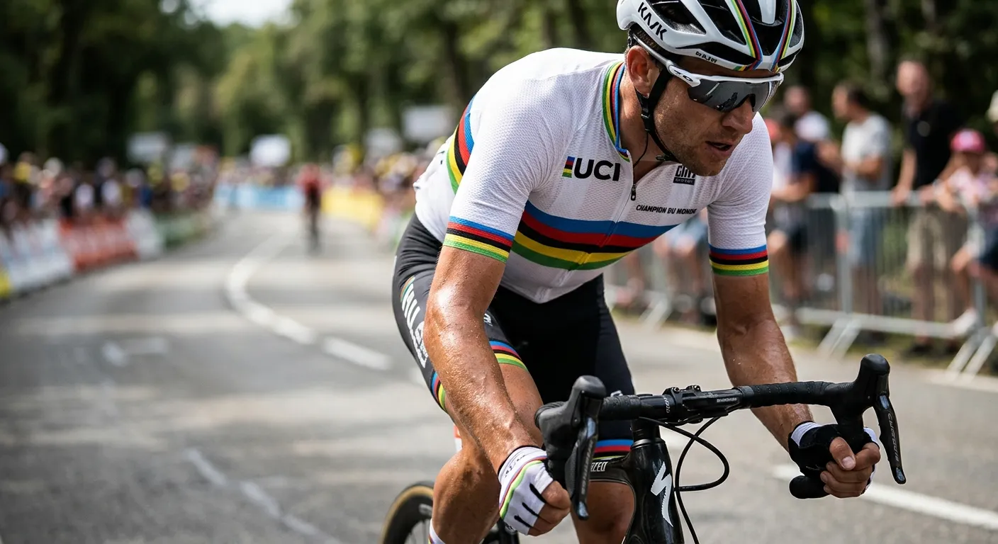 Ciclista con la maglia iridata bianca a fasce arcobaleno durante una gara su strada