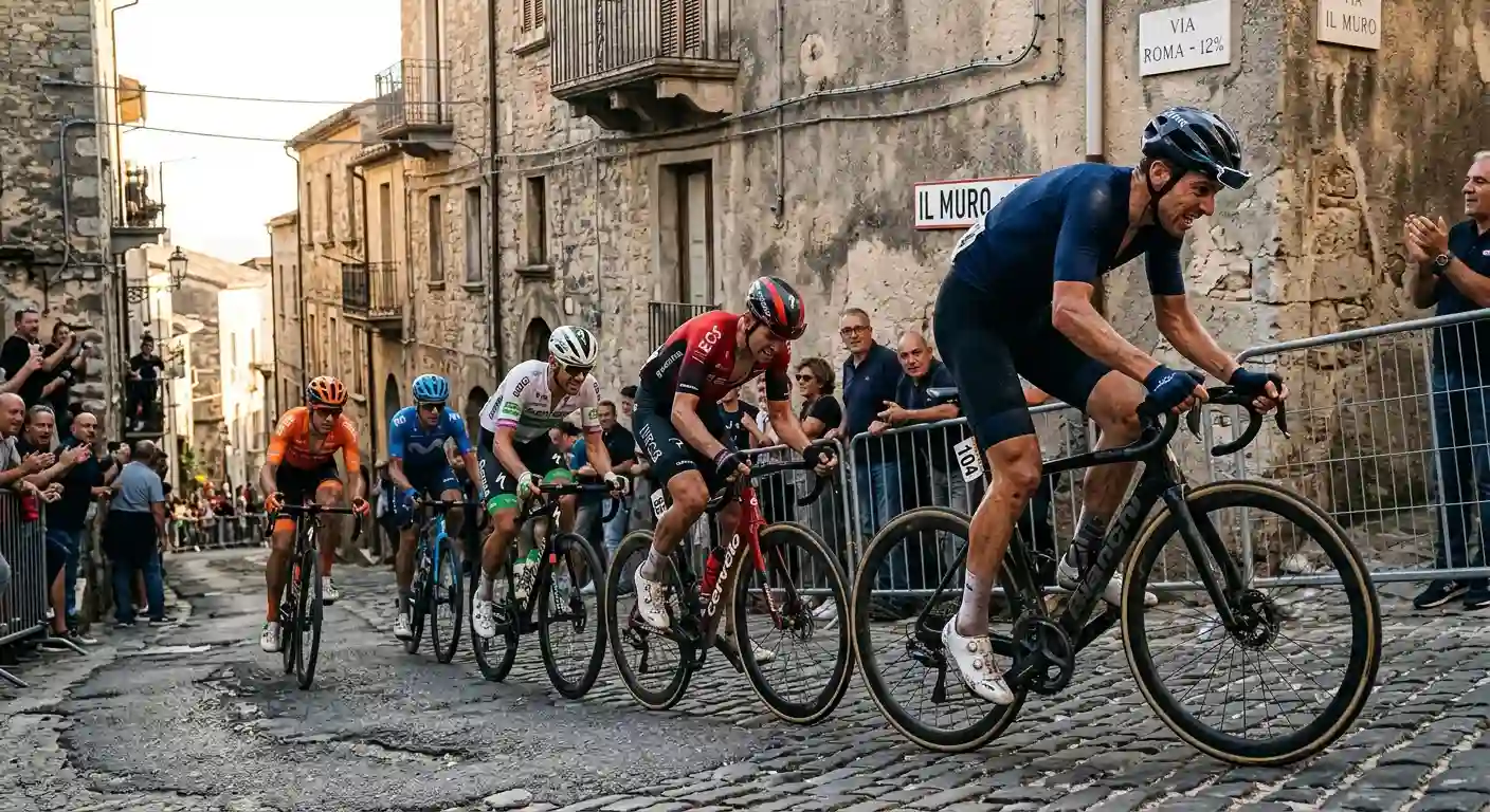 Gruppo di ciclisti affronta uno strappo ripido in salita con un outsider che tenta l'attacco